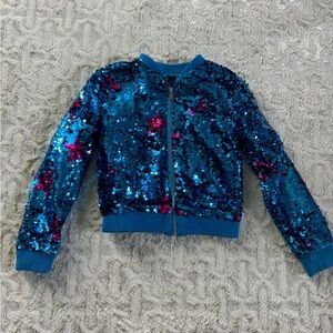 JoJo's Closet Flip Sequin Bomber Jacket Blue With Pink Stars size 4/5